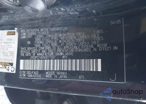 2005 Toyota Highlander V6 z USA, uszkodzony, nr VIN JTEDP21A050077261